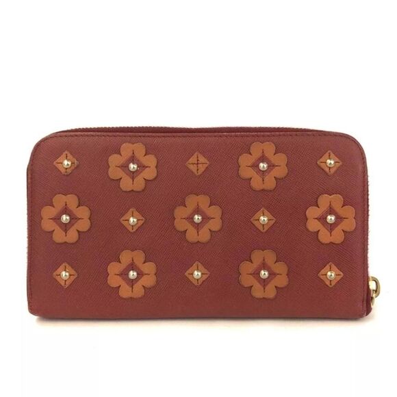 PRADA Saffiano Leather Flower Pearl Long Zip Around Wallet Red w/ Orange flowers - Picture 2 of 8